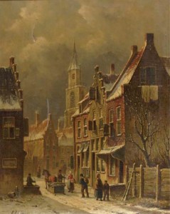 A townview in winter with figures conversing