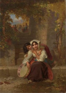 An Italian girl with a tambourain on a terrace