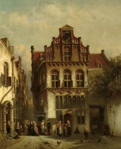 A townscene with figures conversing