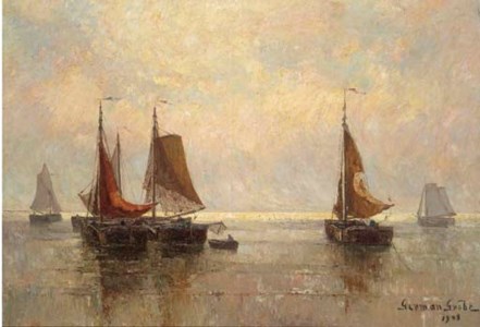 Moored bomschuiten at dusk