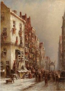 Townsfolk in a street in winter