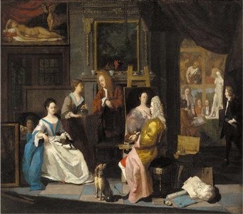 The interior of an artist's studio, with a lady having her portrait painted