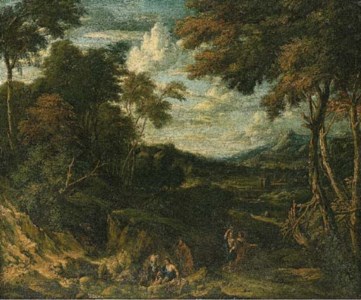 A wooded landscape with classical figures on a path and by a stream, a villa beyond