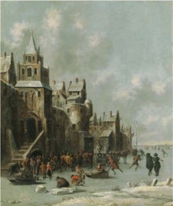 Townsfolk skating and sledging on a frozen moat before a town wall