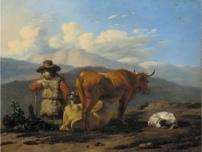 An Italianate landscape with a herdsman with cattle and a dog