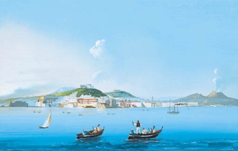 Scuola napoletana del XIX secolo, a) Napoli dal mare con barche di pescatori tempera su cartoncino mm 235x330 b) Notturno a Napoli con eruzioni del Vesuvio tempera su cartoncino mm 215x270 (2)