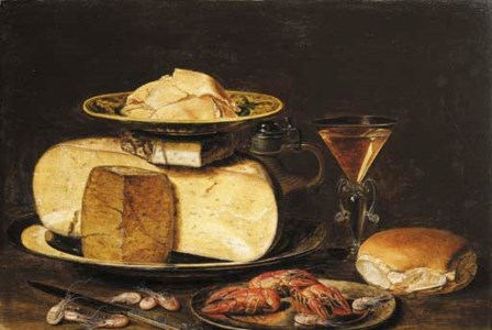 Clara Peeters, Slices of butter on a Wanli ' kraak ' porselein plate, on a cheesestack on a pewter plate, with a jug, a façon-de-Venise wineglass, a bun, crayfish on a pewter plate, a knife and shrimps on a table