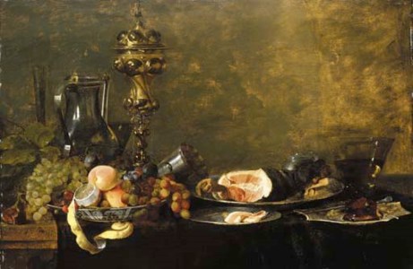 Peaches, grapes and a partly-peeled lemon in a Wanli ' kraak ' porselein bowl, with a ham on a pewter platter, a silver-gilt cup and cover, a pewter flagon, and a roemer with a knife on a plate, on a partly-draped table