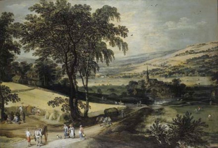 Summer: An extensive landscape with harvesters cutting a cornfield and travellers and wagons on a road, a village beyond