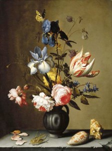 Balthasar van der Ast, Irises, roses, columbine, hyacinth and a tulip in a black pottery pitcher, with seashells and a grasshopper on a stone ledge