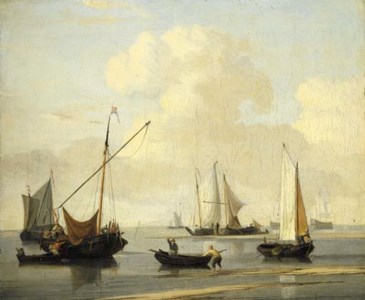A kaag , a weyschuit and two rowing-boats off a sandbank in a calm, two men-o'-war and other shipping beyond