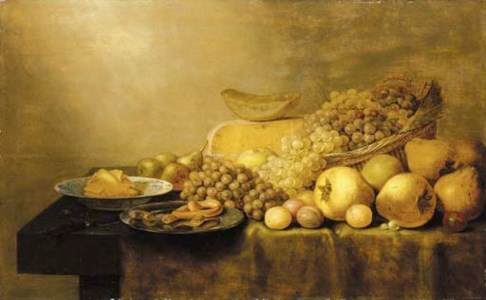 Grapes in a basket, with pears, plums, cheese, butter in a porcelain dish, pastries on a pewter dish and a knife on a partially draped table