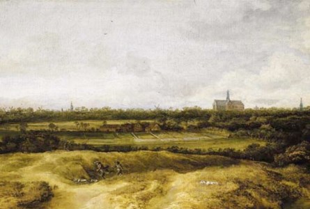 The bleaching fields near Haarlem with sportsmen in the foreground, a view of St. Bavo's beyond