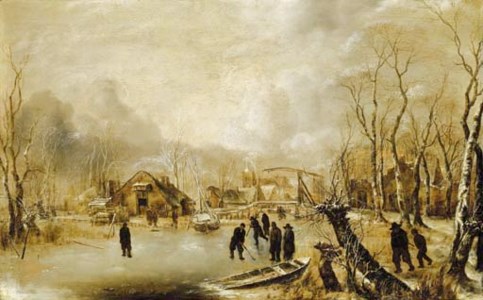 A winter landscape with skaters and kolf players on a frozen waterway by a village