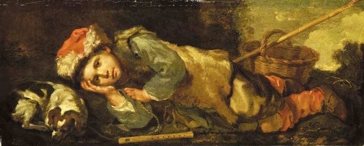 A recumbent shepherd boy with a sleeping dog by his side, a wicker basket at his feet