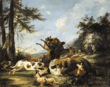 Bears and hounds fighting in a landscape