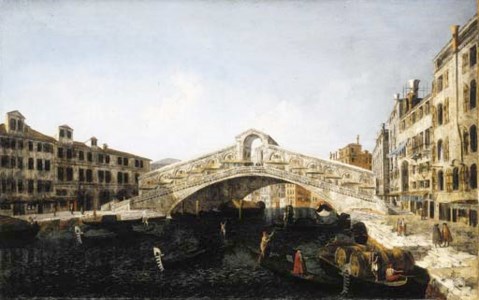 The Rialto Bridge, Venice, from the South, with the Fondamenta del Vin and the Fondamento del Ferro and numerous gondolas and barges on the Grand Canal