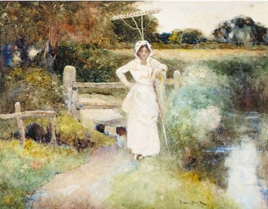 A country girl standing beside a stream holding a rake