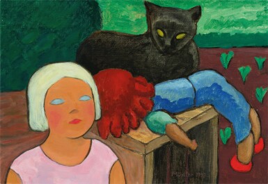 Stillleben mit Kind und schwarzer Katze (Still Life with Child and Black Cat)
