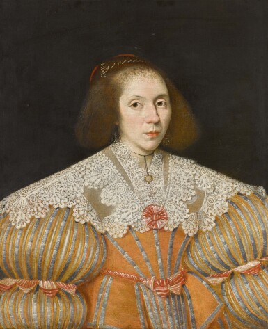 Portrait of a lady, half-length, in an orange striped dress with a lace collar and red and white bows