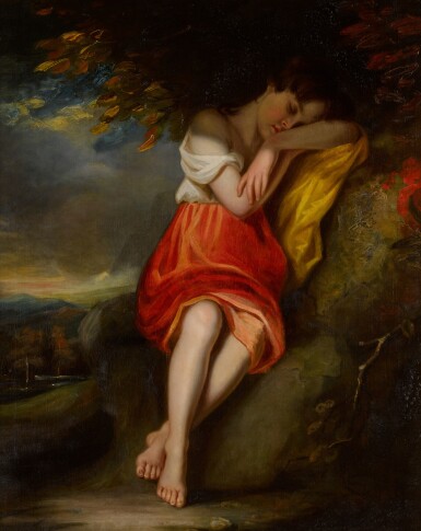 A girl slumbering under a tree in a landscape