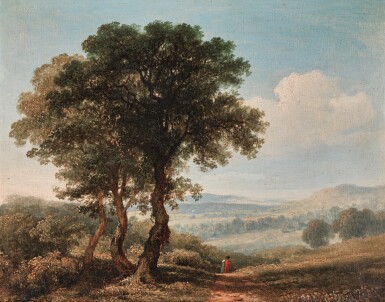 An extensive wooded landscape with figures