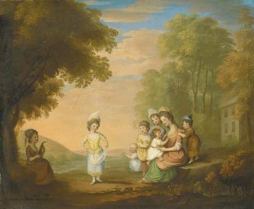 A lady and her children by a cottage in a landscape