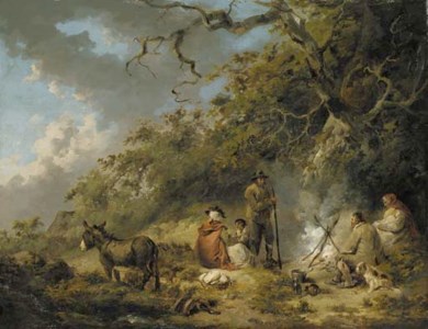 Gypsies around a camp fire in a woodland clearing