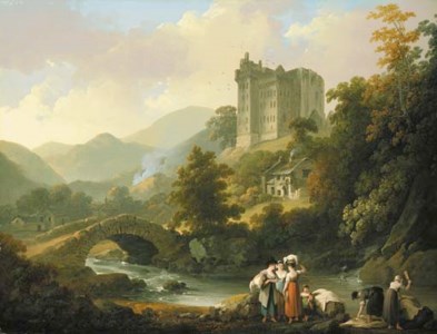A view of Castle Campbell, Scotland, with washerwomen on the river bank in the foreground