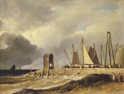A pier in choppy seas with figures in the foreground and sailing boats beyond, traditionally described as 'The old fish market at Brighton'
