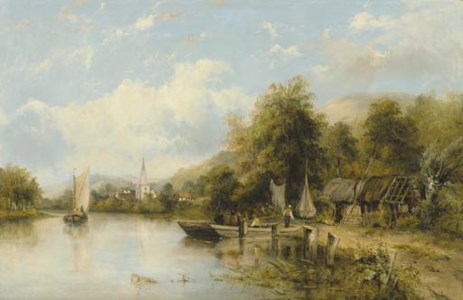 A wooded river landscape with a ferry in the foreground and a village beyond, traditionally identified as 'On the Stour'