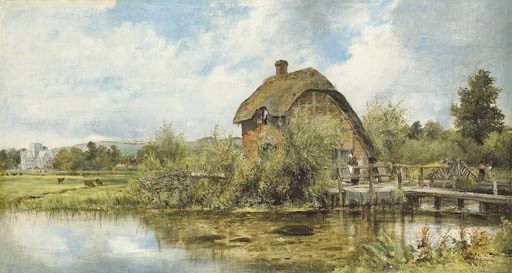 A figure by a mill cottage in a river landscape with a village in the distance, traditionally believed to be near Winchester, Hampshire