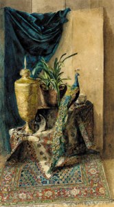 A peacock on a Turkish rug with an oriental urn and a plant