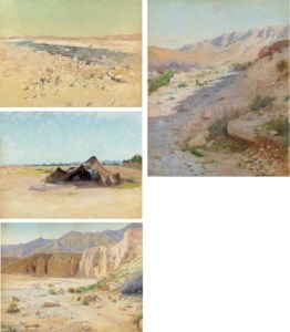 A pair of travellers bellow cliffs in the desert; and Watering at a river in the desert; and An Arab camp in the desert; and The shepherd in the desert