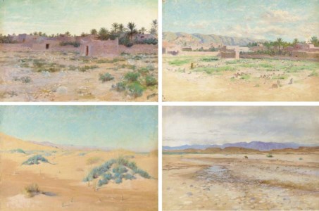 Travellers in the desert; and Resting outside the hut; and Wandering outside the city gates; and Desert dunes