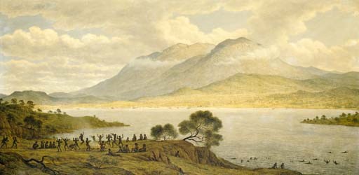 Mount Wellington and Hobart Town from Kangaroo Point; these Natives Danced and Bathed at the request of the Artist.The Females are very expert in the Water, the Heels of one Woman are perceptible above the Water