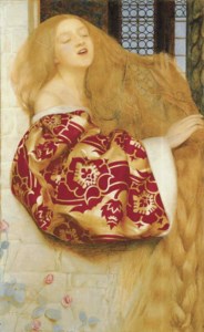 Rapunzel sings from the Tower '.... in the fire Of sunset, I behold a face, Which sometime, if God give me grace, May kiss me in this very place' ( Rapunzel - William Morris)