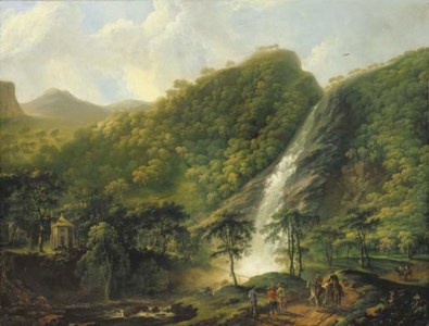 View of Powerscourt Waterfall, with the octagonal summerhouse, and figures and horses in the foreground