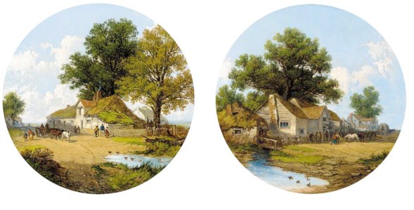 A gathering at the Miller's Rest; and Figures before a cottage in a wooded landscape, painted circles