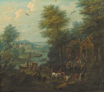 A river landscape with peasants unloading cargo from a sailing vessel, a village beyond