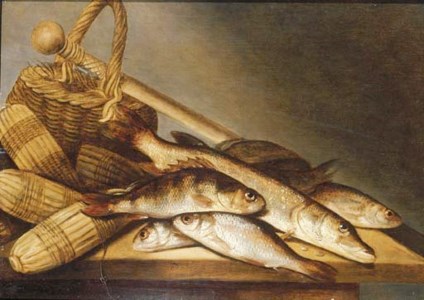 Pike, rudd and perch with fishing-nets and a basket on a wooden ledge
