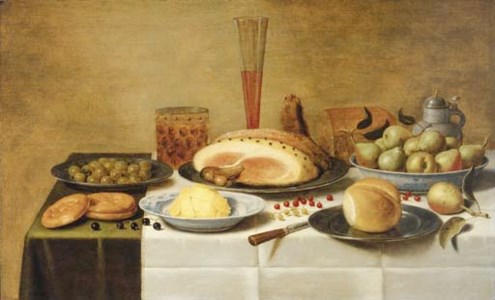 Mulberries, a ham and a bun on pewter plates, butter and pears on porcelain dishes with a beerglass, a flute and a knife on a draped table