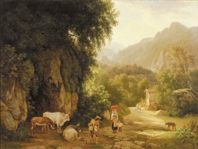 An Italianate landscape with travellers and peasants on a mountain track, others praying in front of a chapel beyond