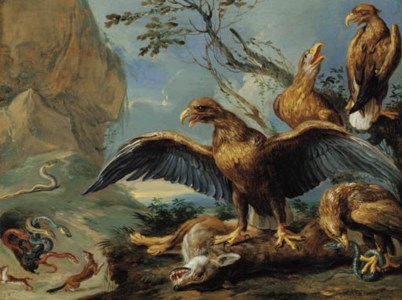 Eagles and serpents attacking foxes