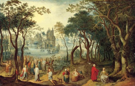 A wooded river landscape with Christ and the Young Ruler, a village beyond