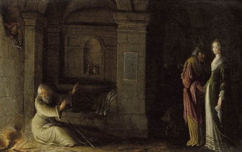 The interior of a crypt by night with the Temptation of Saint Antony