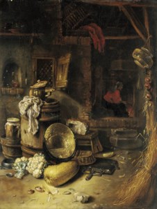 The courtyard of a cottage with a peasant by a fire, vegetables, a pot and a barrel in the foreground