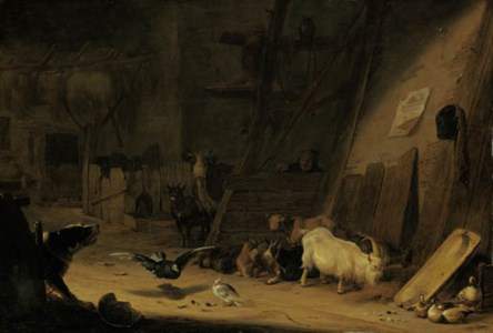 A barn interior with cattle, pigeons and a dog barking at a peasant