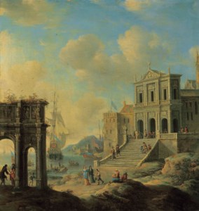 A capriccio of an Italianate harbour capriccio with the Arch of Constantine and a church with figures, shipping beyond