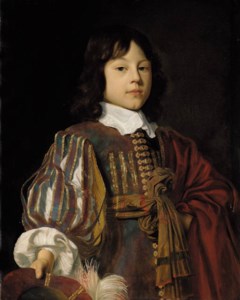 Portrait of a young gentleman, half-length, in a burgundy doublet with slashed sleeves and a sash, a feathered cap in his right hand